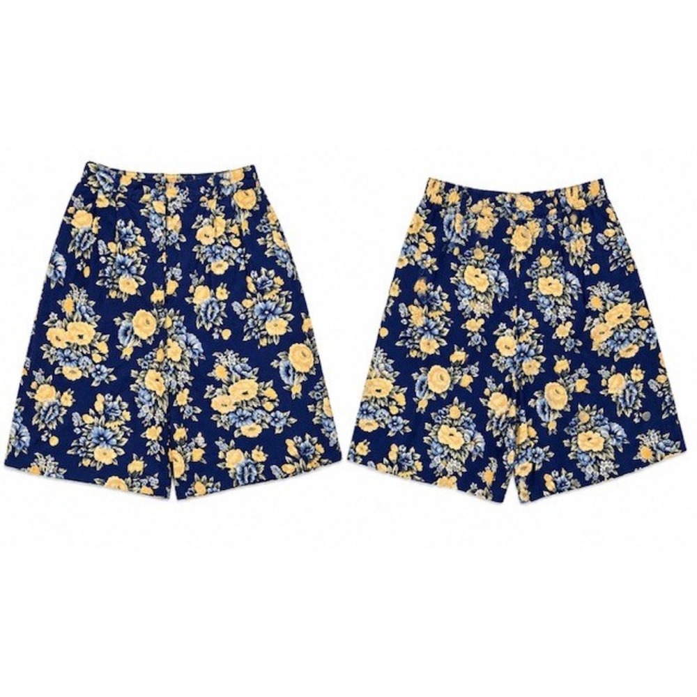 Talbots Vintage Floral Shorts Womens 12 Navy Blue Yellow Cotton High Waist Pleat